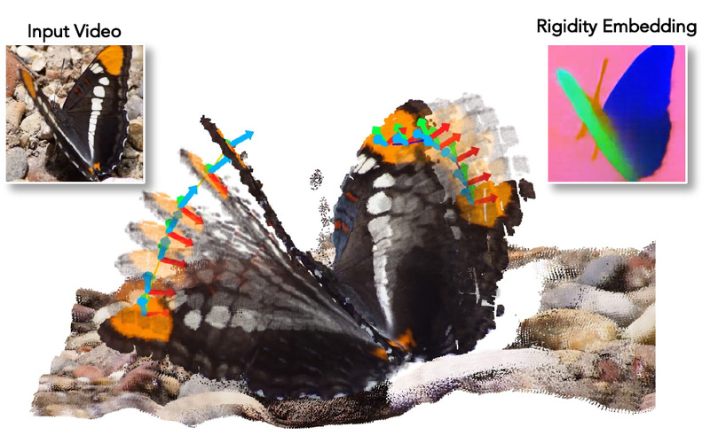 MoSE3 reconstructs a butterfly with per-pixel SE(3) motion, alongside the input image and learned rigidity embedding.